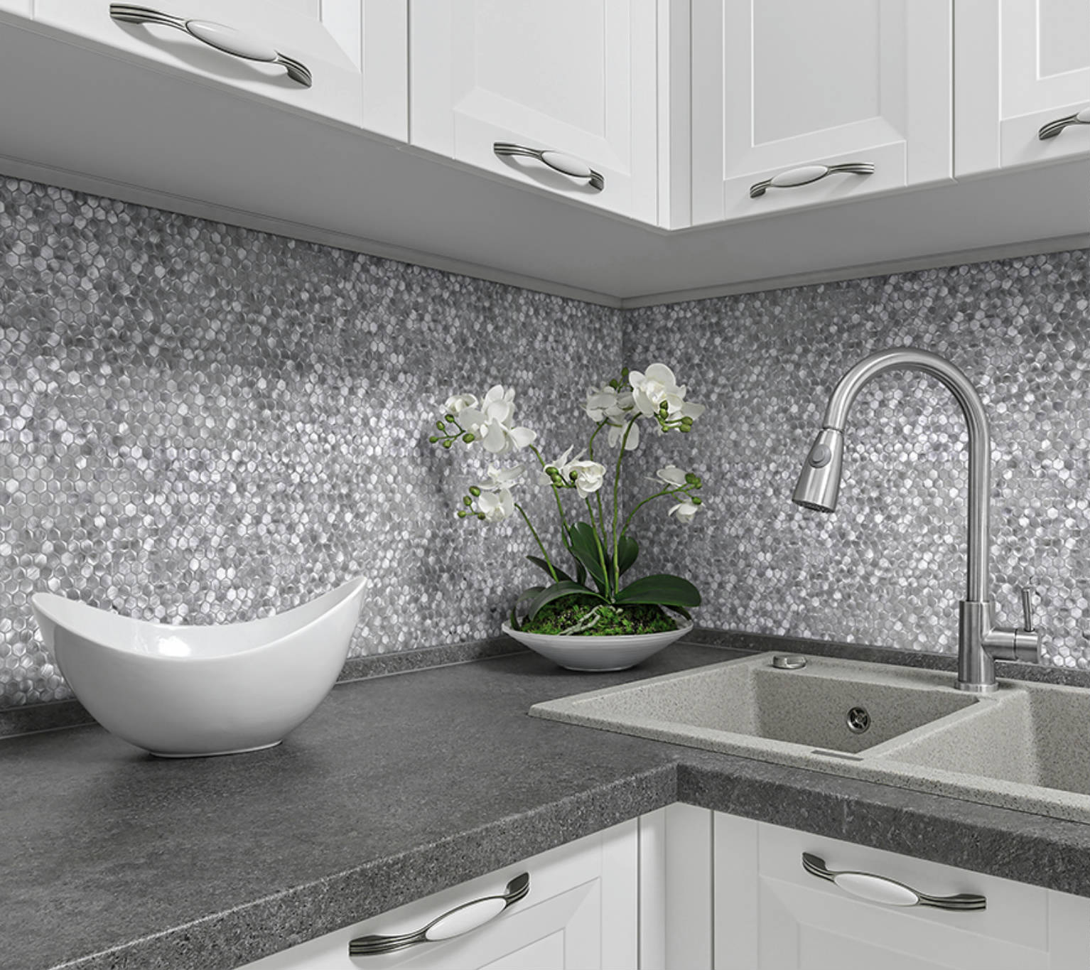 Medium Hexagon Silver Aluminum Mosaic  | Marino Tile NY