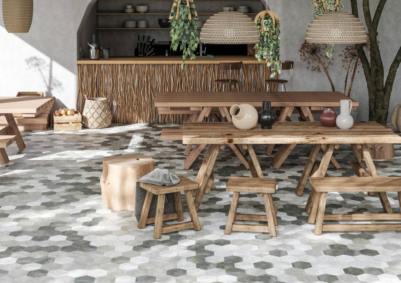 Seville 5.5X6.3” Grey, Black, and White Hexagon | Marino Tile NY