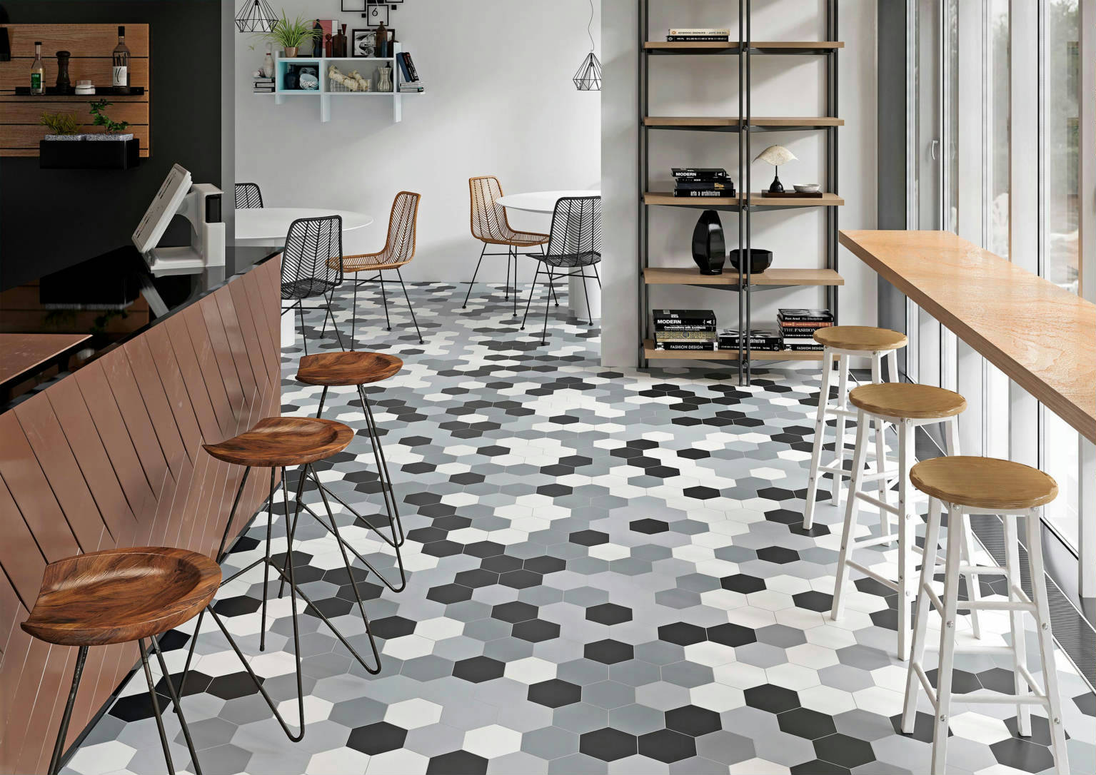 Vida 5.5X6.3” Black, Grey, Pearl, and White  Hexagons | Marino Tile NY
