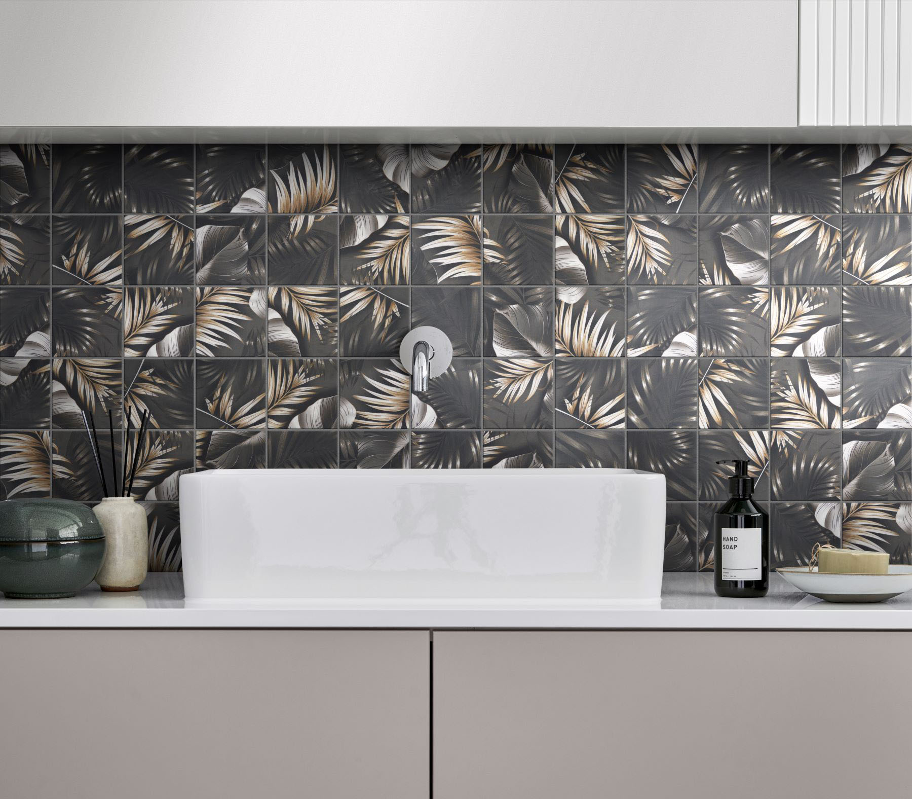 4"x4" Floral Palm Grey Beige Mosaic  | Marino Tile NY