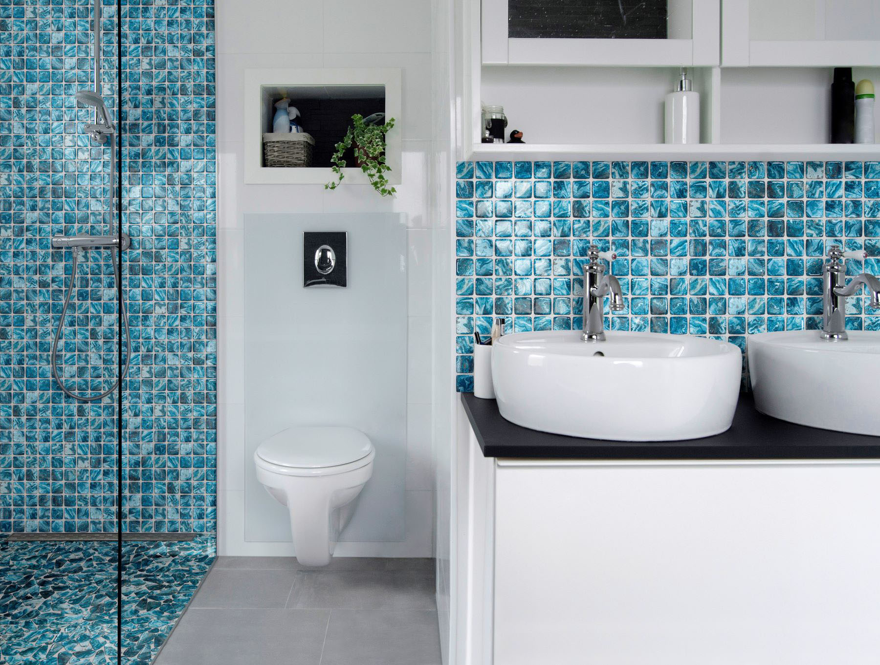 Glass Pebble Blue + Glass Square Blue Marble Pattern Mix | Marino Tile NY